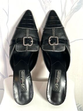 Brighton Black Croc-Textured Pointed Mule with Buckle